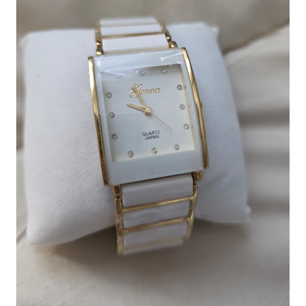 NIB Genoa Watch Gold White Water Resistant Rhinestones Retro Preppy Office Chic